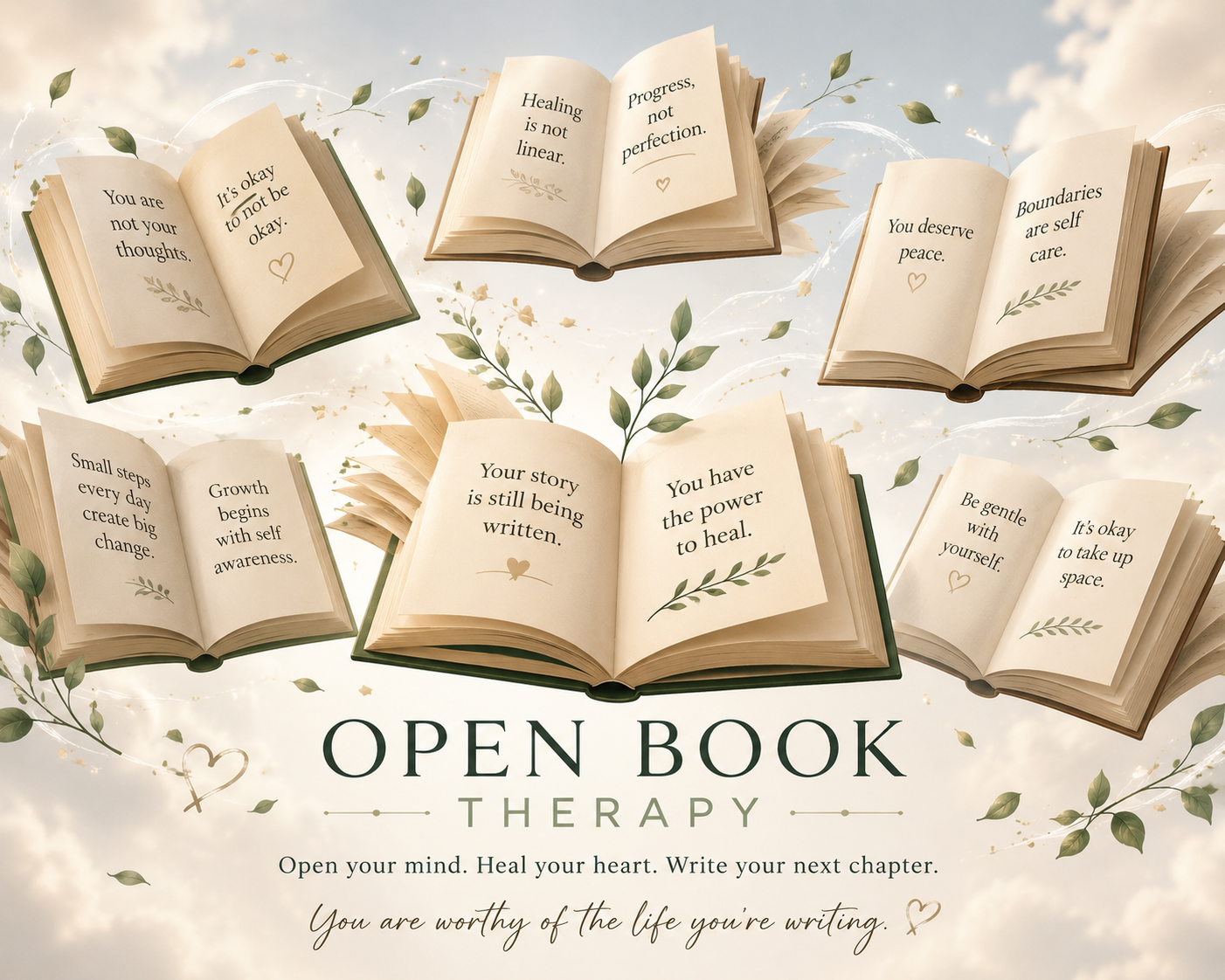 Illustration of open books with inspirational quotes, surrounded by green leaves and sparkles, promoting open book therapy for healing and personal growth.