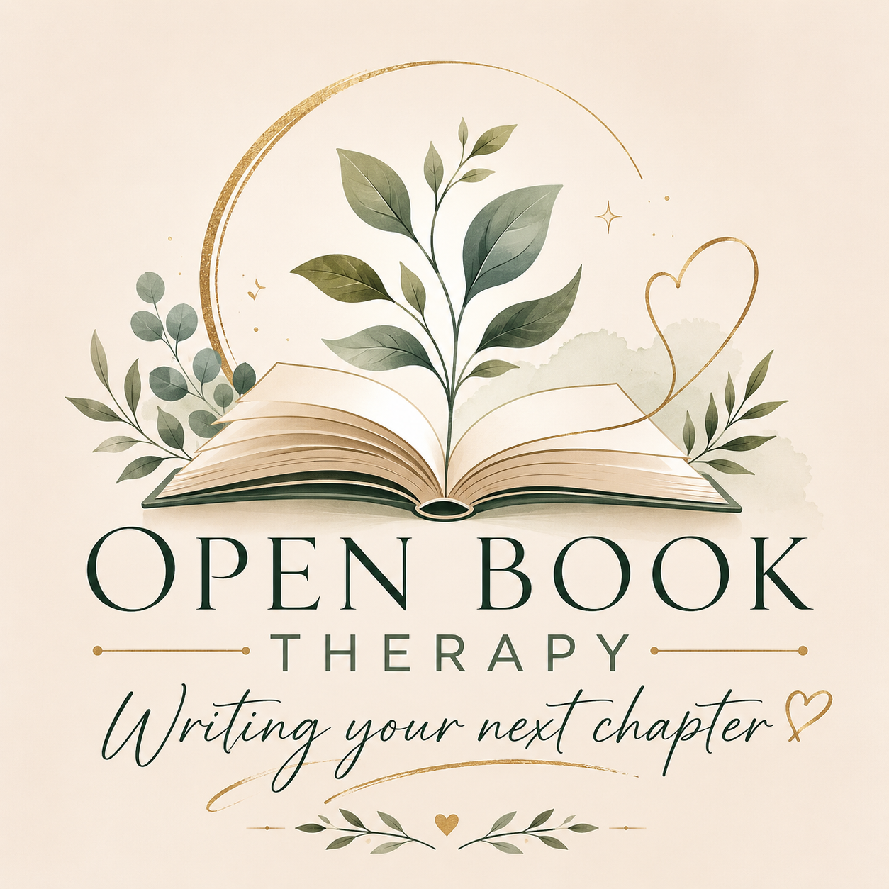 An illustrated open book with green leaves and plant elements emerging from it, gold accents, and the text "Open Book Therapy" and "Writing your next chapter" underneath.