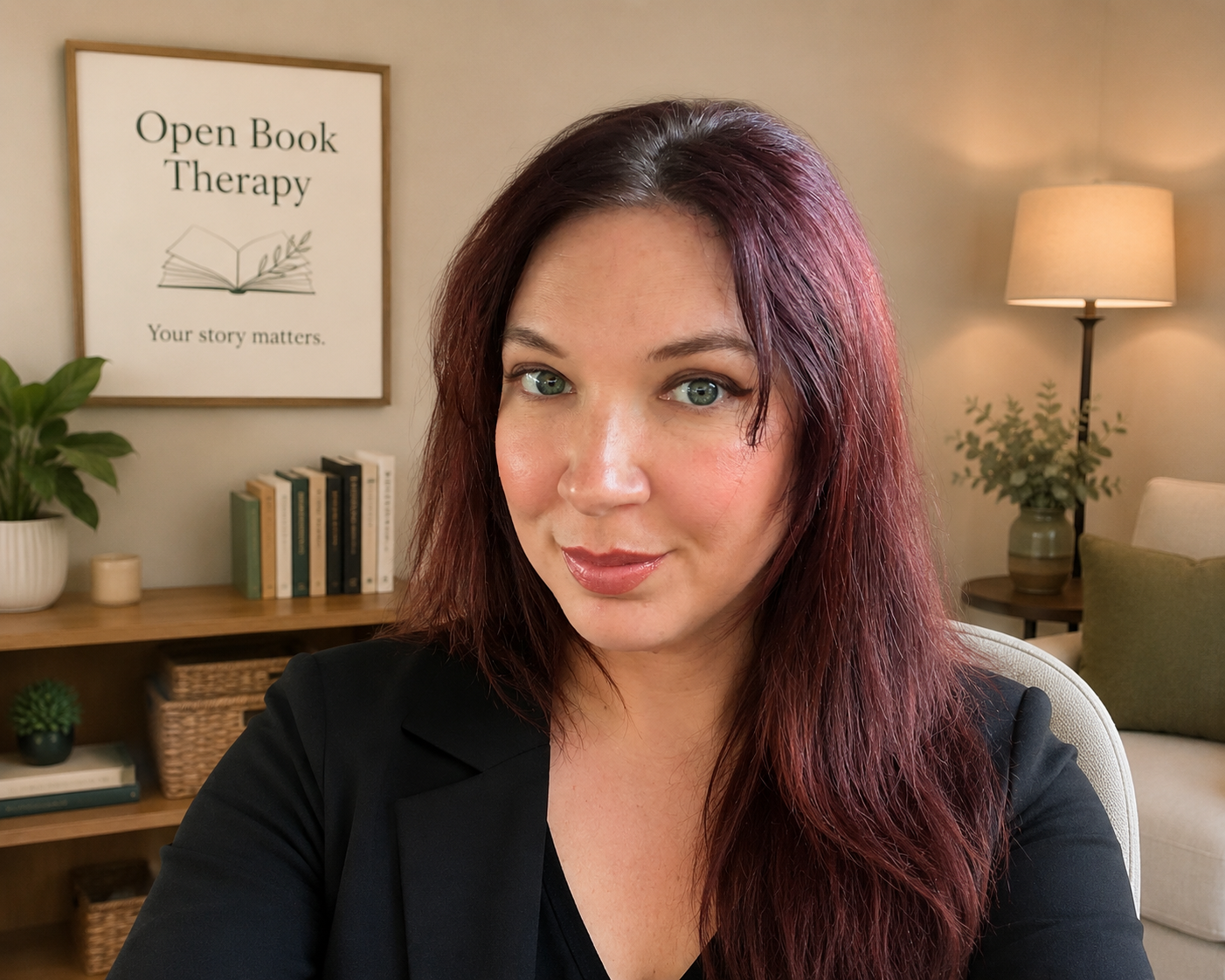 A woman with long reddish-brown hair and green eyes taking a selfie in a cozy room with warm lighting. Behind her is a wall with a framed print that says "Open Book Therapy" and a bookshelf with various books and decorative items.