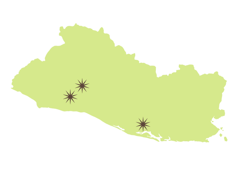 Map of El Salvador highlighted in red with three black star symbols indicating locations.
