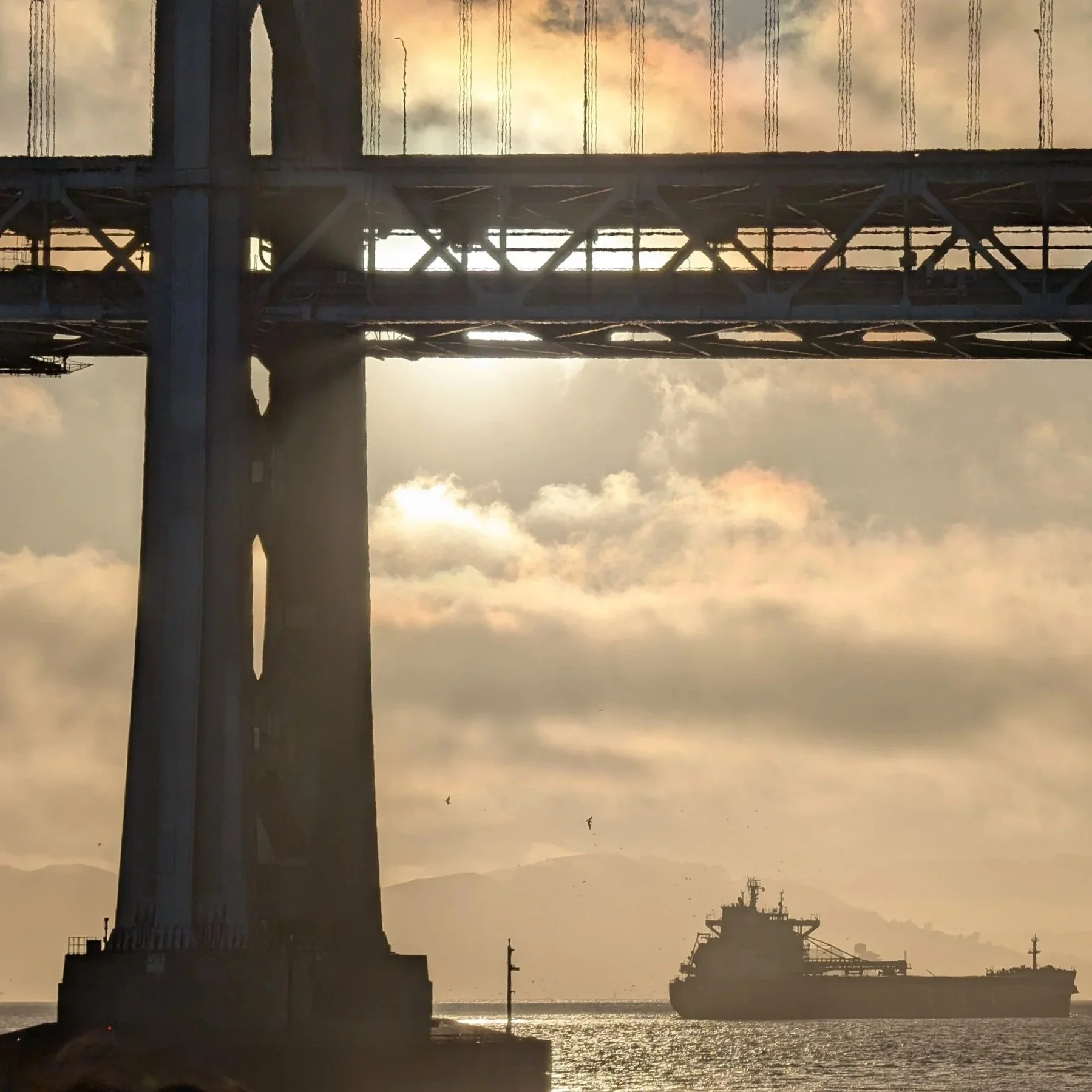Sunset over a waterway with a large industrial bridge structure in the foreground and a cargo ship in the water. The sky has warm tones with clouds and a few birds flying.