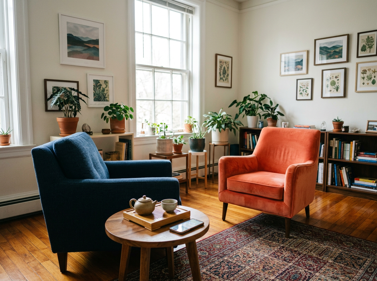 Counseling office with two upholstered armchairs, one blue and one coral, a small round wooden table with teapot, cup, and phone, and many potted plants near windows. Artworks adorn the white walls and a wooden bookshelf lines one wall.