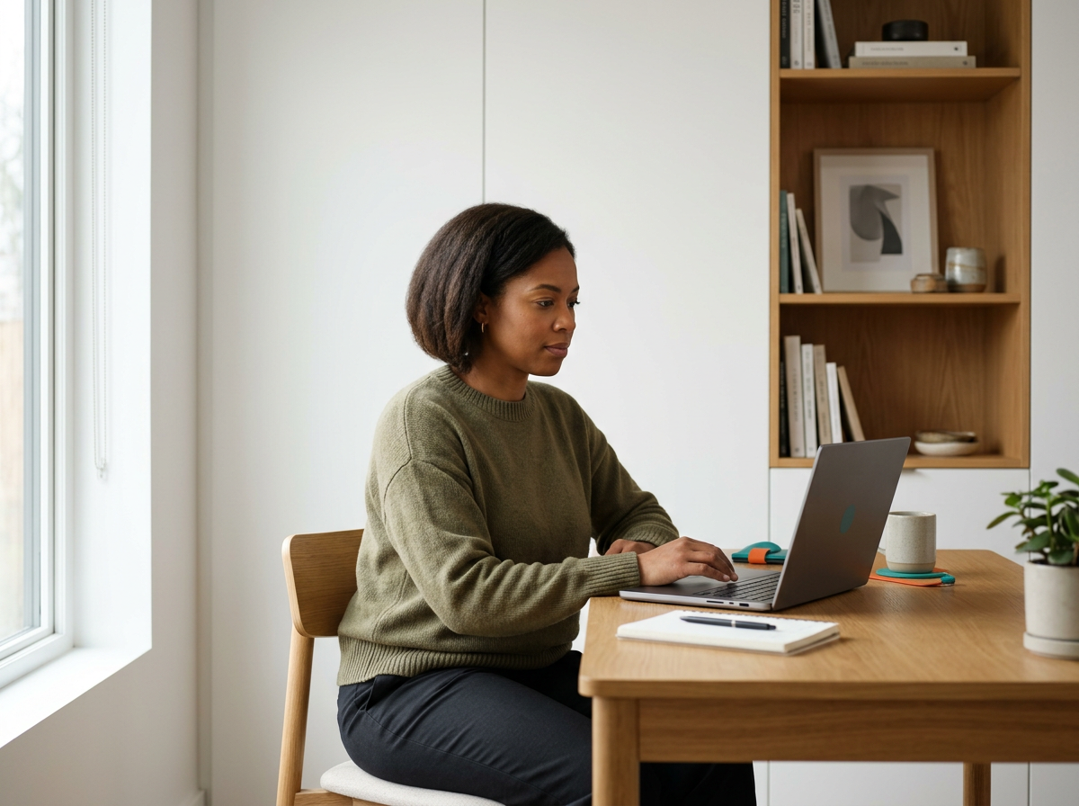 Woman sitting at a wooden desk working on a laptop in a well-lit room with a window, bookshelf, and a small potted plant.