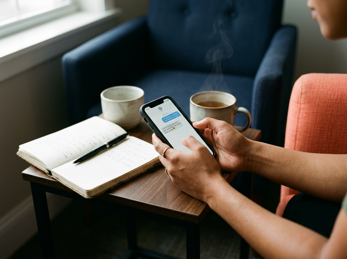 A person sitting at a wooden table, looking at a smartphone, with open notebook, pen, and two steaming mugs of tea on the table.