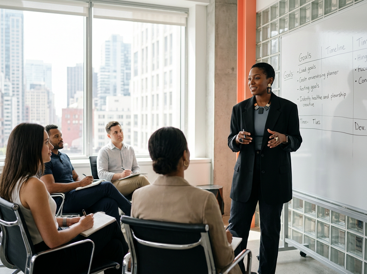 A woman in a suit giving a presentation to a small group in a modern office with large windows and a city view.