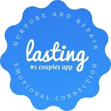 Blue badge with white text promoting the dating app 'lasting' for couples, emphasizing nurturing, repair, emotional connection, and the hashtag #1 couples app.