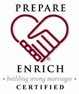 Logo with a heart formed by two hands shaking, with the text 'PREPARE ENRICH CERTIFIED' and the tagline 'building strong marriages'.