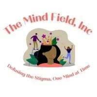 Logo of The Mind Field, Inc. with the tagline 'Defying the Stigma, One Mind at a Time.' Features a stylized illustration of a large head with flowers and two figures near it, symbolizing mental health.
