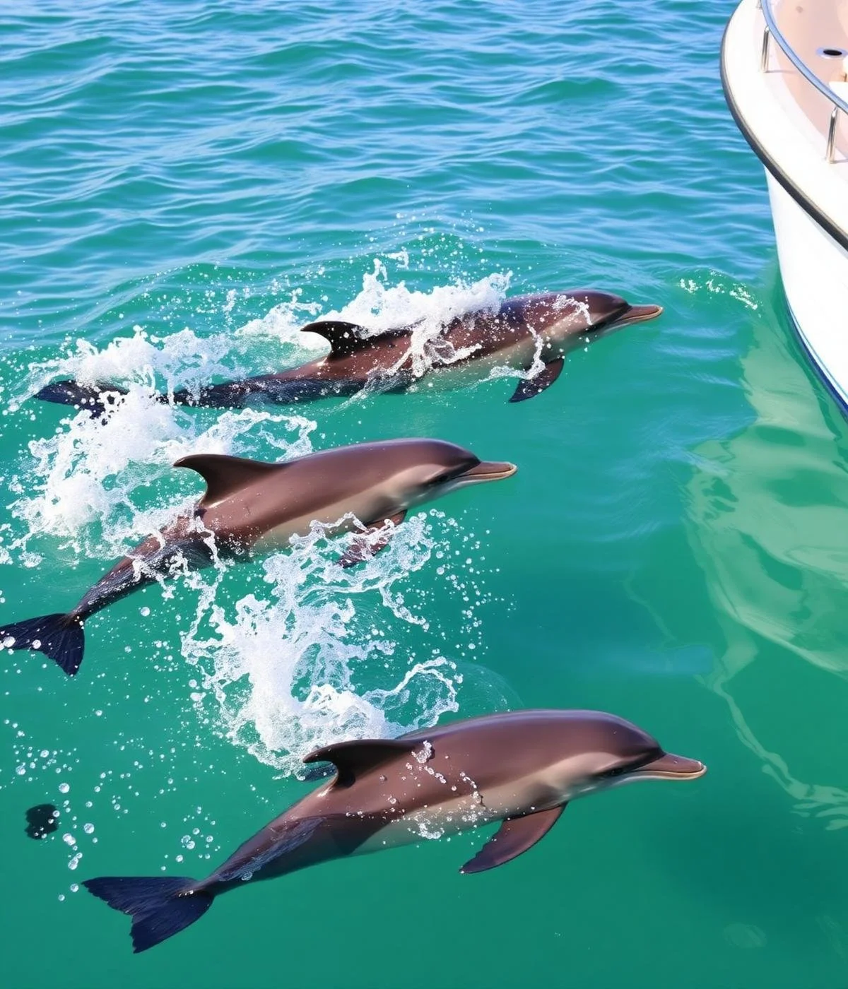 Three dolphins swimming in turquoise water near a boat.