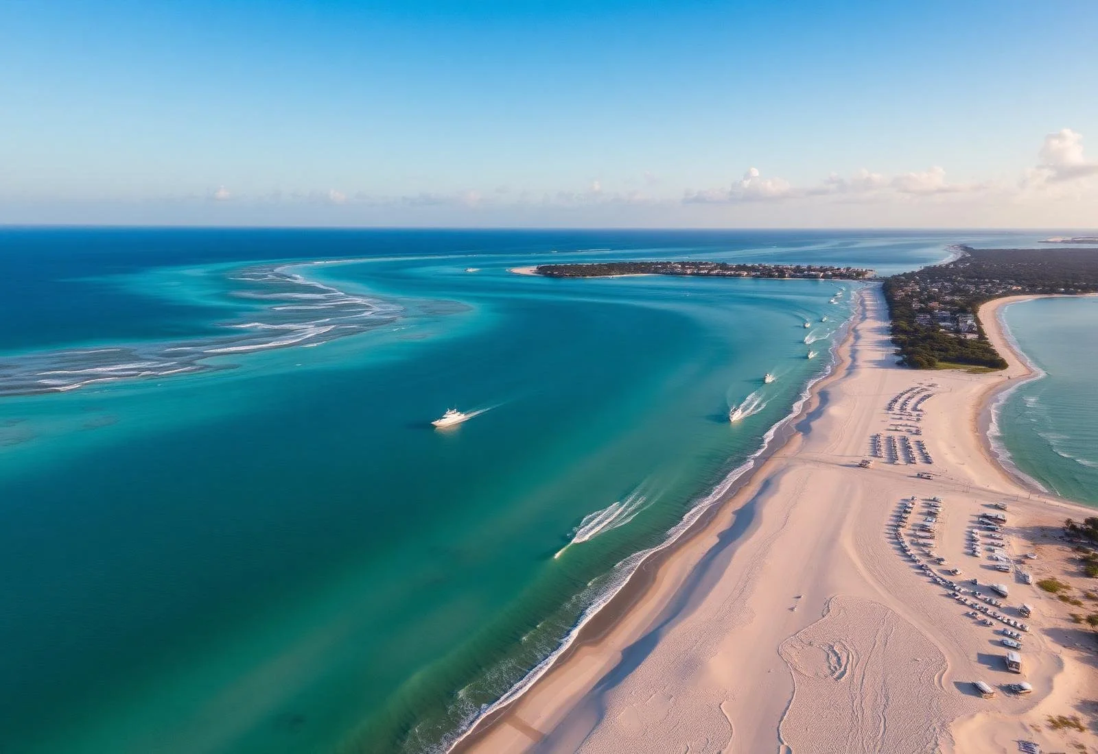 Aerial view of a beach with white sand, turquoise water, boats, and a seaside town in the background.