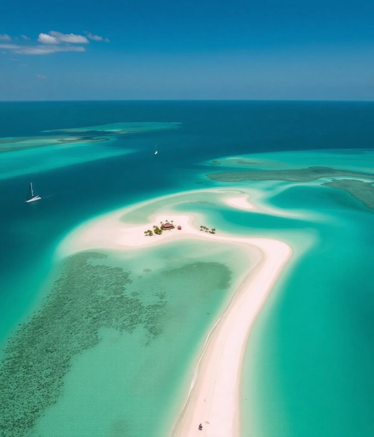 Aerial view of a tropical island with white sandy beaches, small structures, and turquoise waters, with two sailboats in the ocean.