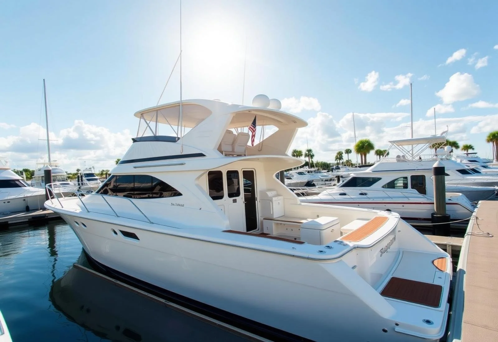 A white luxury yacht docked at a marina with other boats and yachts around, clear sky, and palm trees in the background.