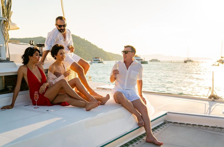 Group of five friends relaxing on a yacht at sunset, holding drinks and enjoying the scenic view.