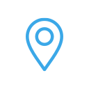 A blue map marker icon on a white background