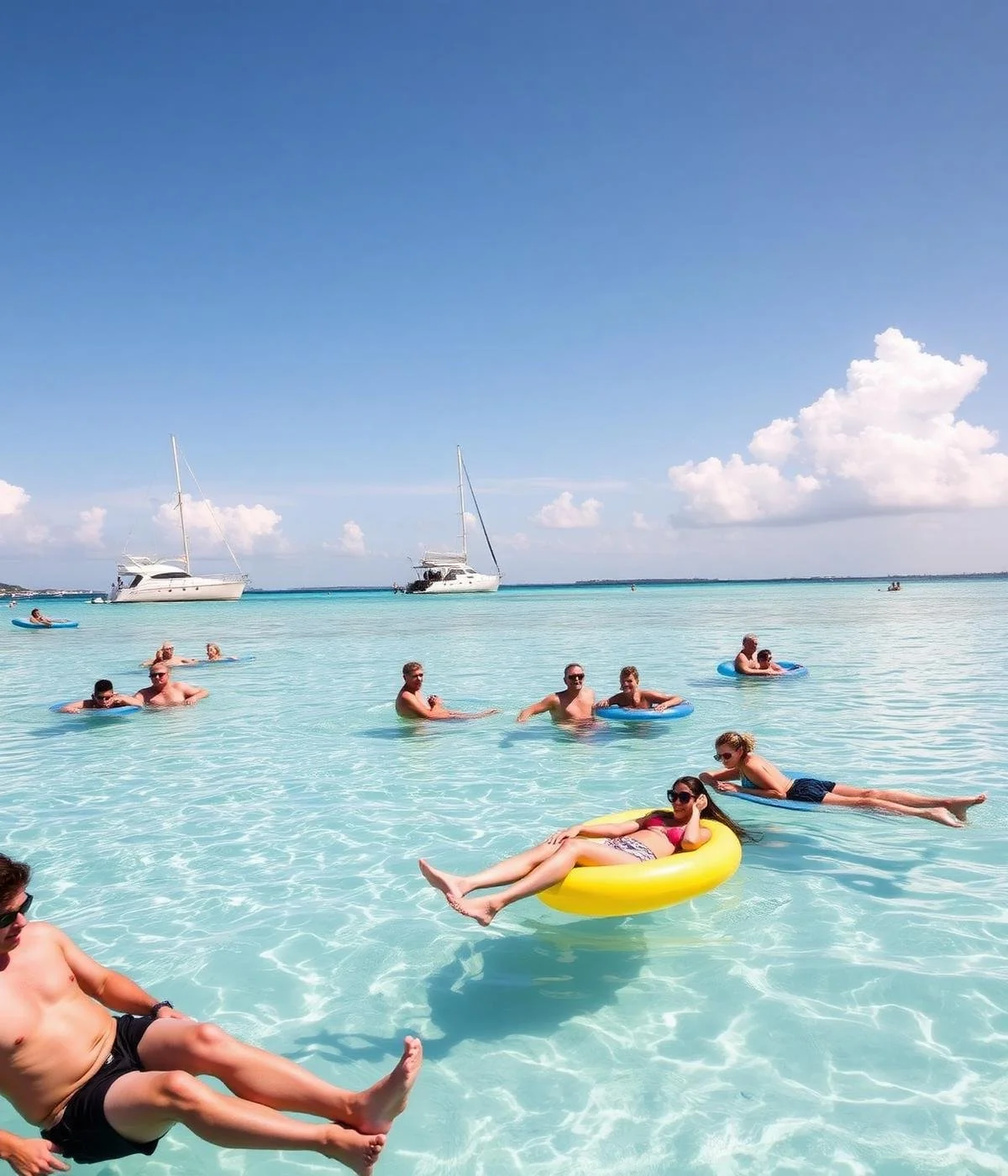 People swimming and relaxing in a shallow, clear blue ocean with boats and sailboats in the background under a partly cloudy sky.