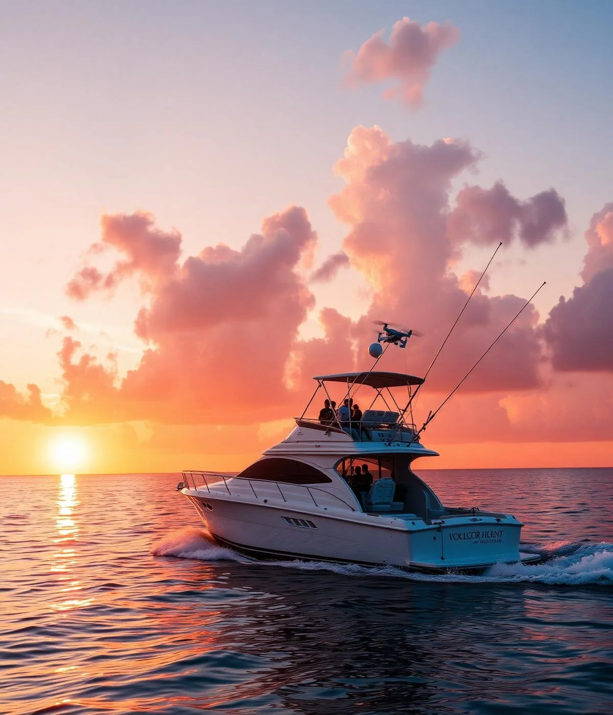 A yacht named 'Younger Heart' sailing on the water during sunset with pink and orange clouds and a drone flying above it.