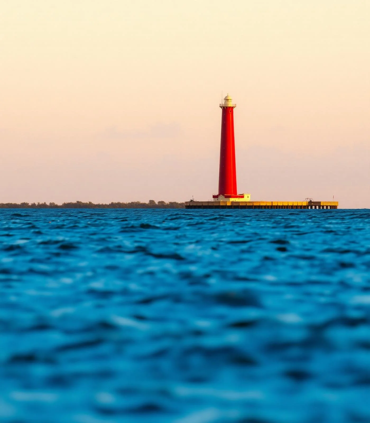 A red lighthouse with a white top on a concrete platform extending into the water in the ocean, with land visible on the horizon under a clear sky.