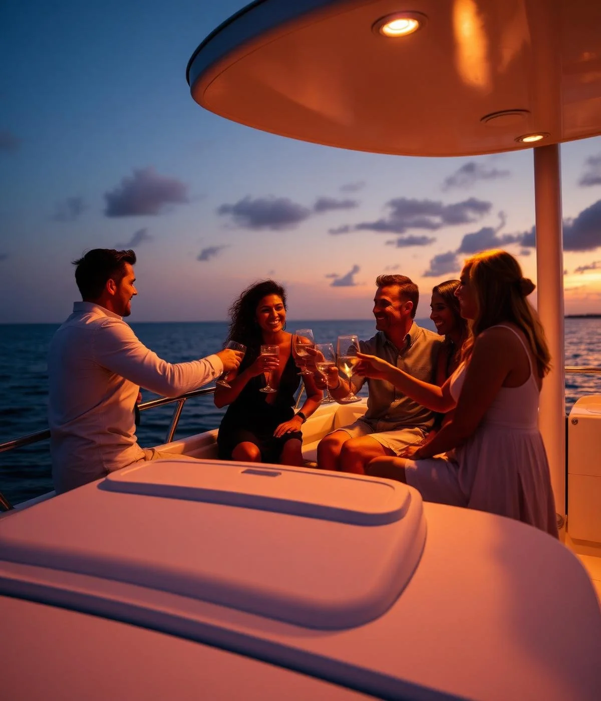 Group of people enjoying drinks on a boat during sunset