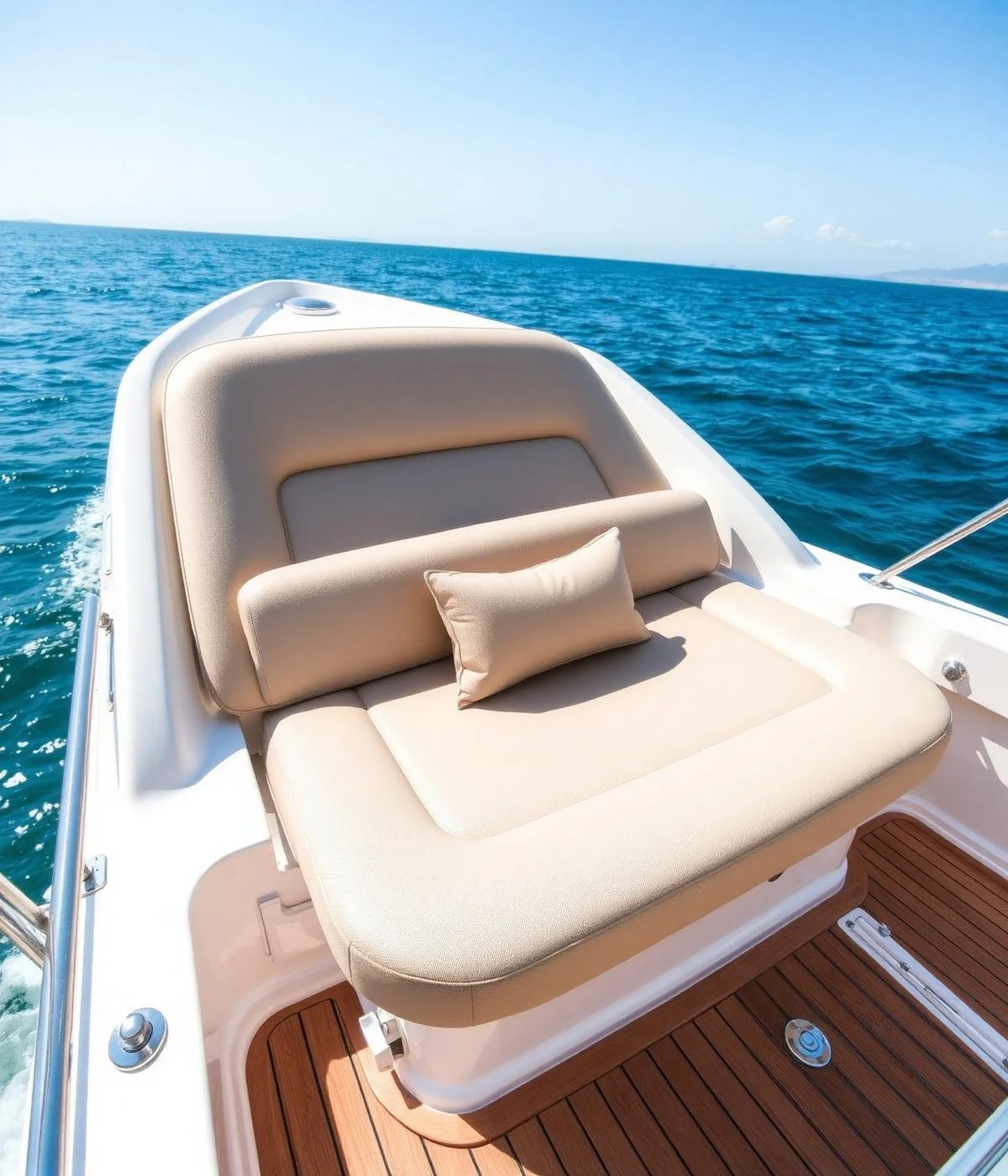 A beige cushioned sunbed with a small pillow on a yacht, overlooking the ocean with clear blue sky and distant horizon.