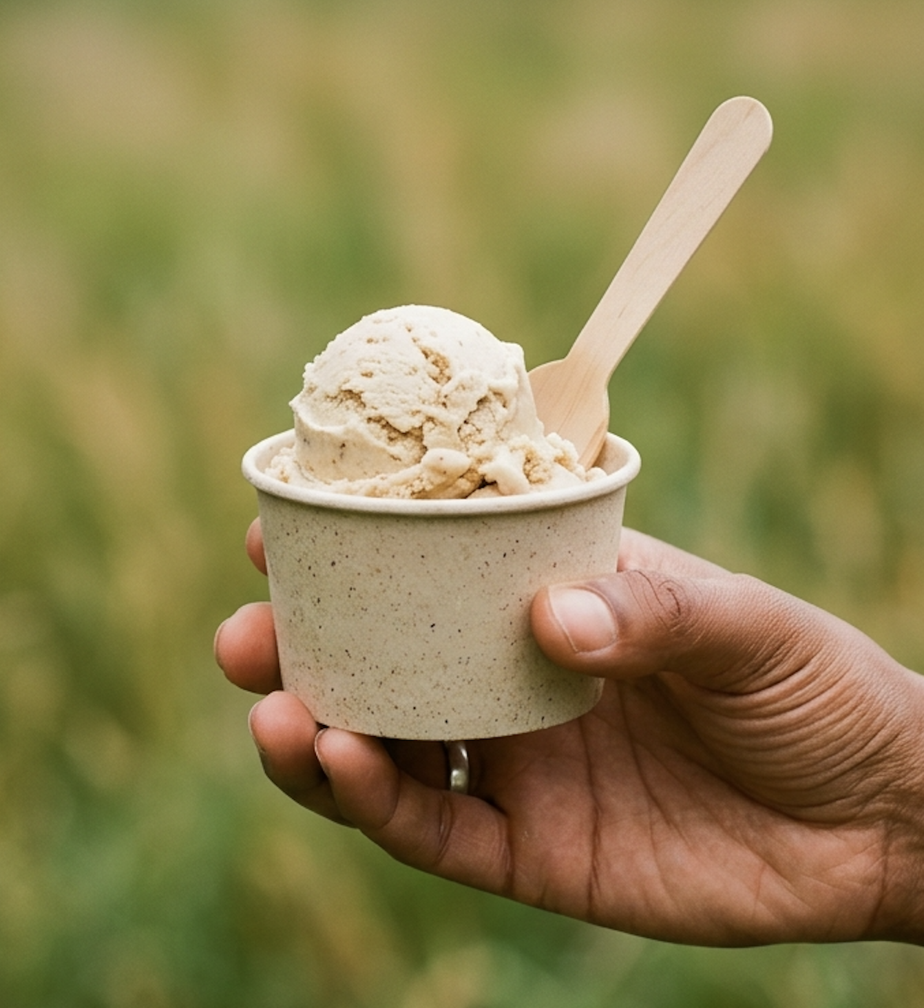 A person holding a cup of hard maple ice cream