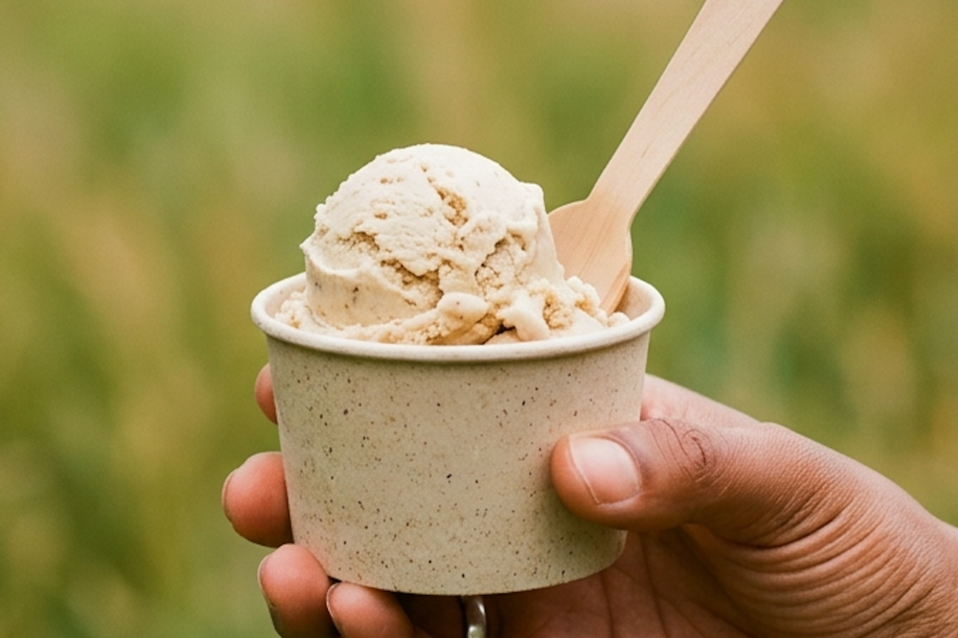 A person holding a cup of hard, maple ice cream.