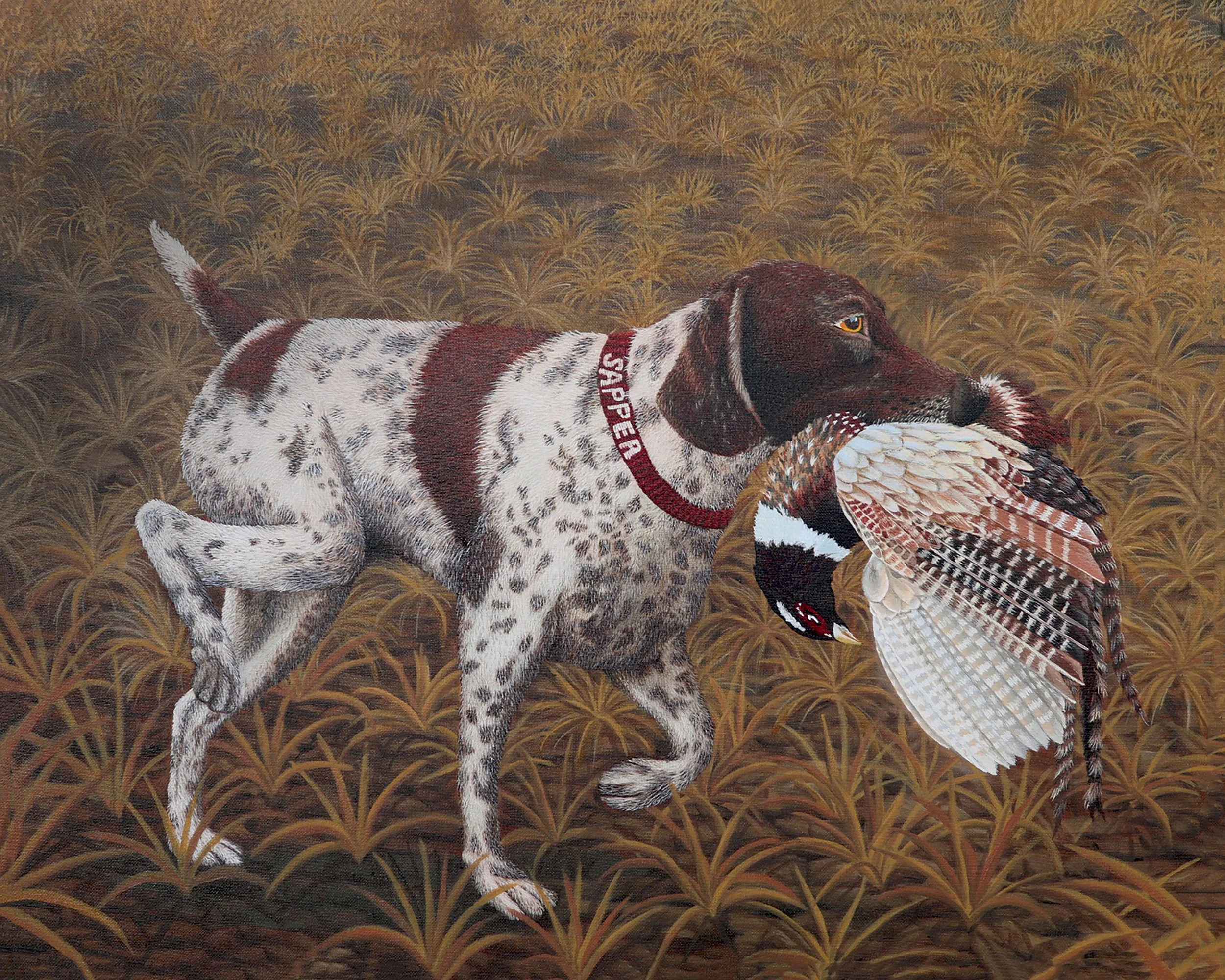 A painting of a hunting dog retrieving a pheasant, holding a wild pheasant in its mouth.