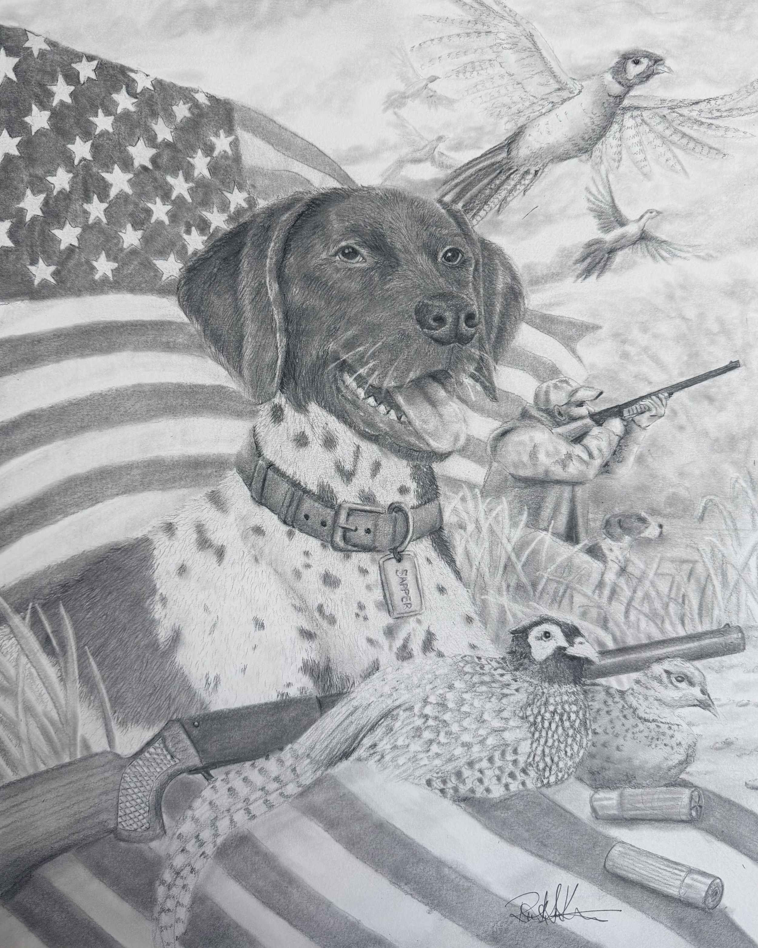 A detailed pencil sketch featuring a German Shorthaired pointer dog with a joyous expression, set against a backdrop of an American flag, soaring pheasants, a hunter aiming a rifle, more pheasants in the foreground.