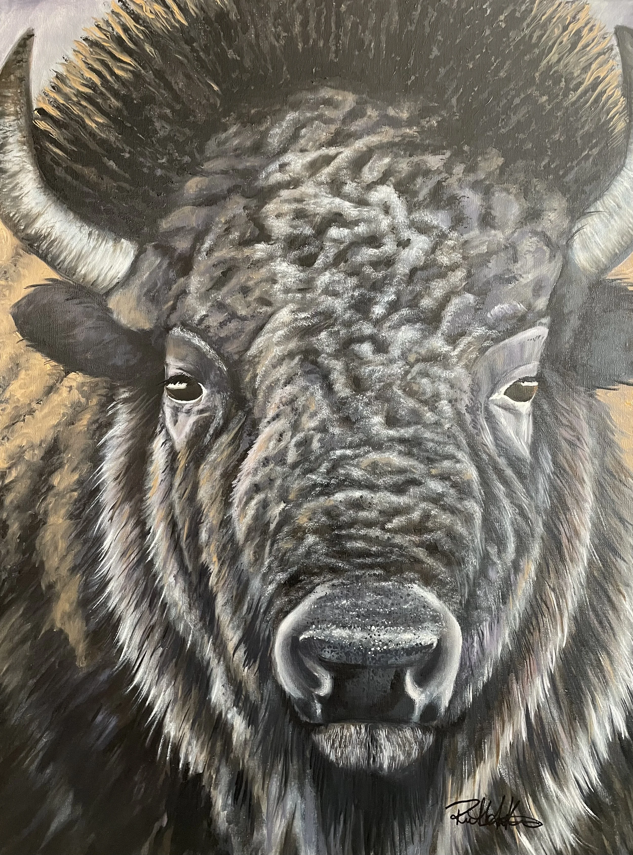 Close-up oil painting of an American bison by Colorado wildlife artist Ruth Kackstaetter.