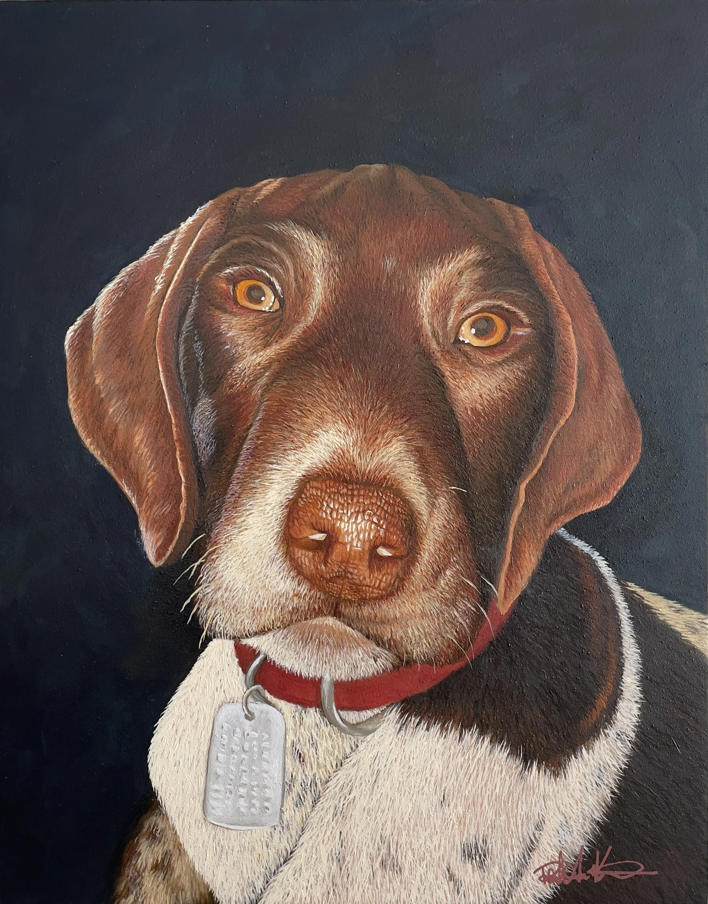 A realistic painting of a brown and white dog, possibly a Labrador Retriever, wearing a red collar with a silver tag. The dog has yellow eyes and is set against a dark background.
