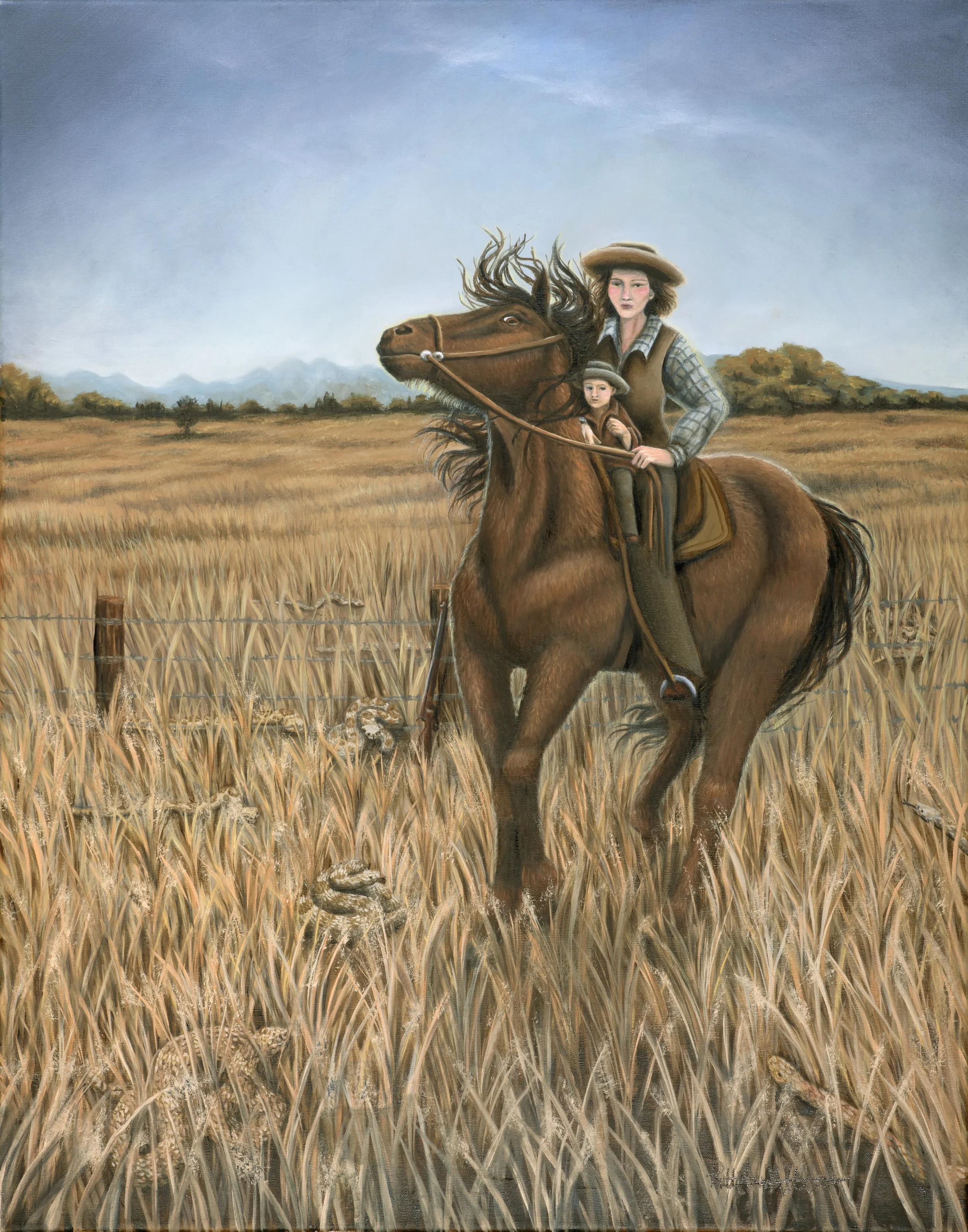 Painting of a woman riding a horse through a field of tall grass, with a child sitting in front of her, wearing hats, under a blue sky with clouds.
