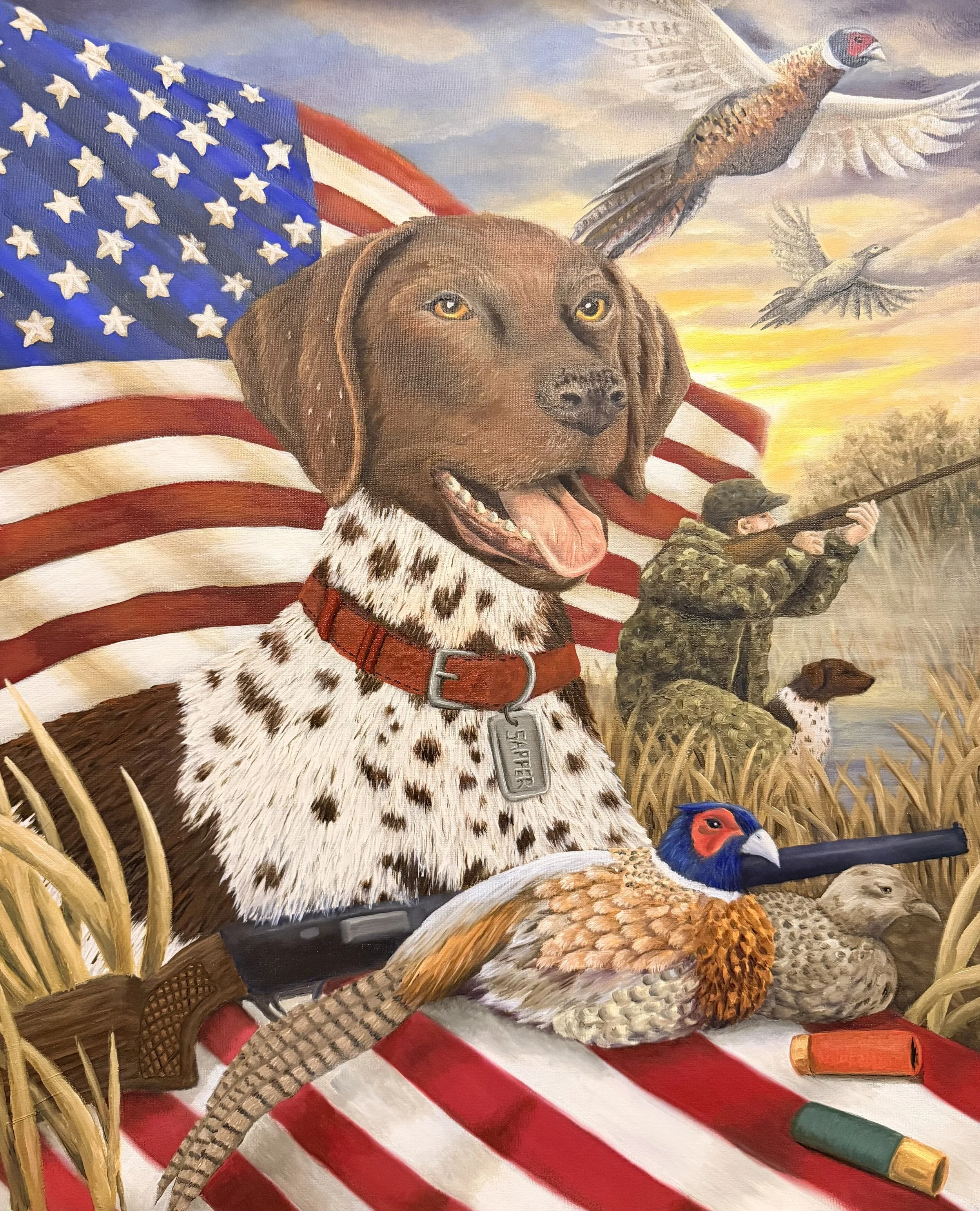 A patriotic scene featuring a hunting dog with a tan coat and spotted chest wearing a red collar, US flag in the background, a hunter in camouflage aiming a rifle, several birds flying and perched, and shotgun shells on the ground.