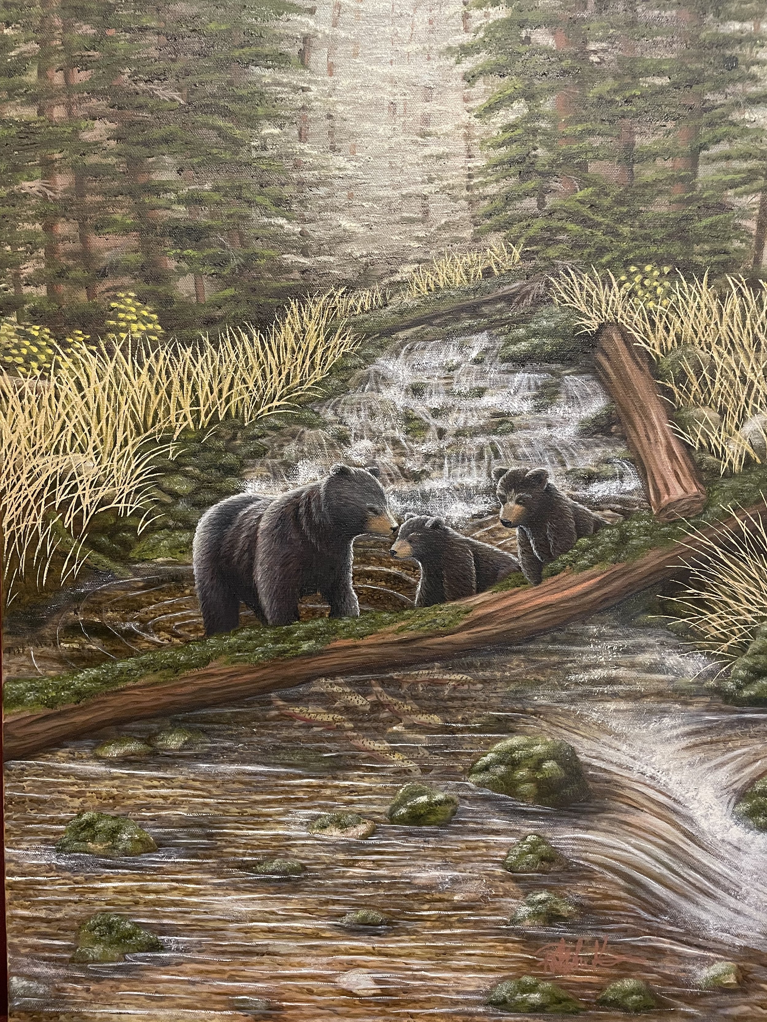 Oil painting of a mother bear teaching her two cubs to fish in a Rocky Mountain National Park stream.