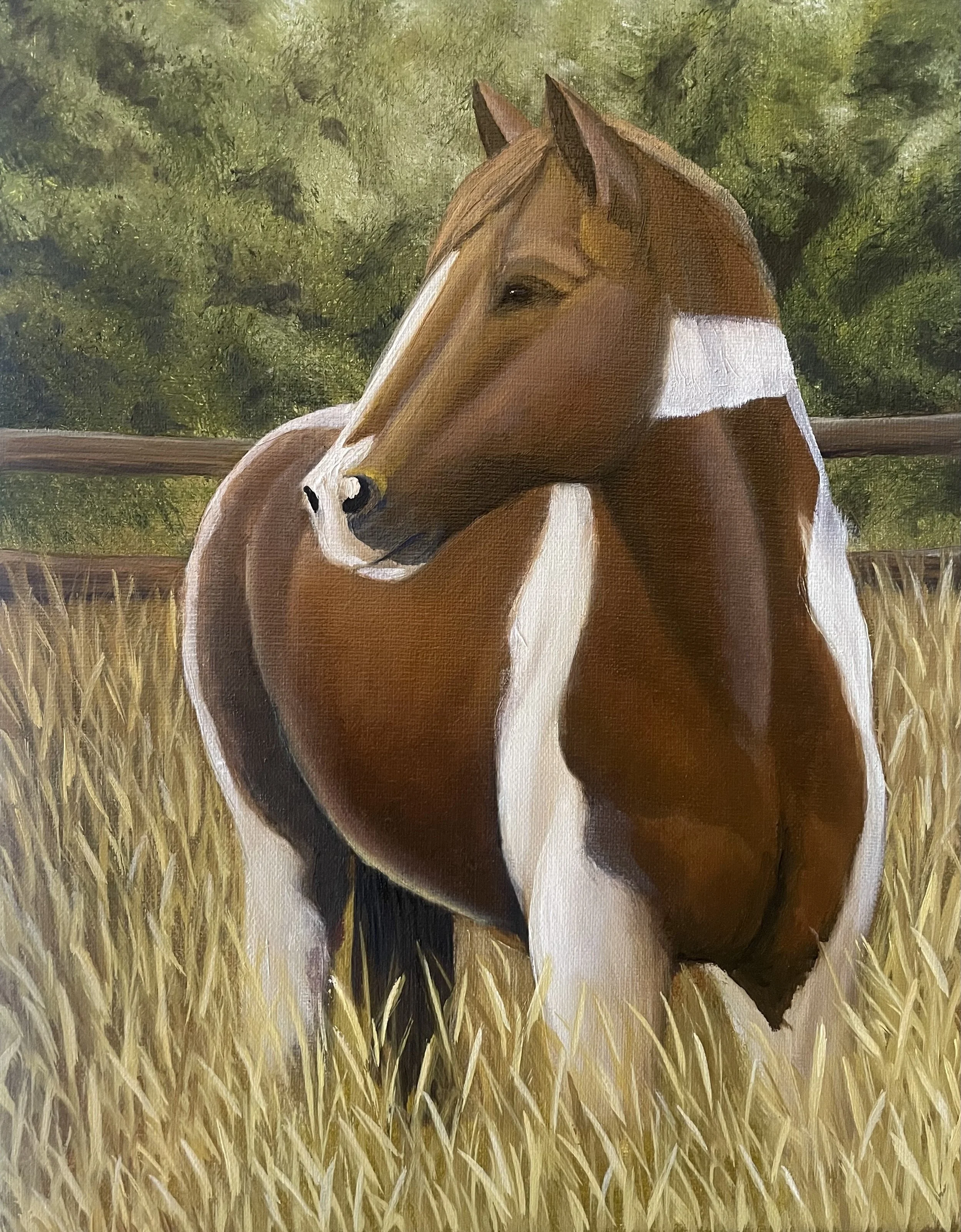 A painting of a brown horse with a white mark on its face standing in a field of tall golden grass, with green trees in the background.