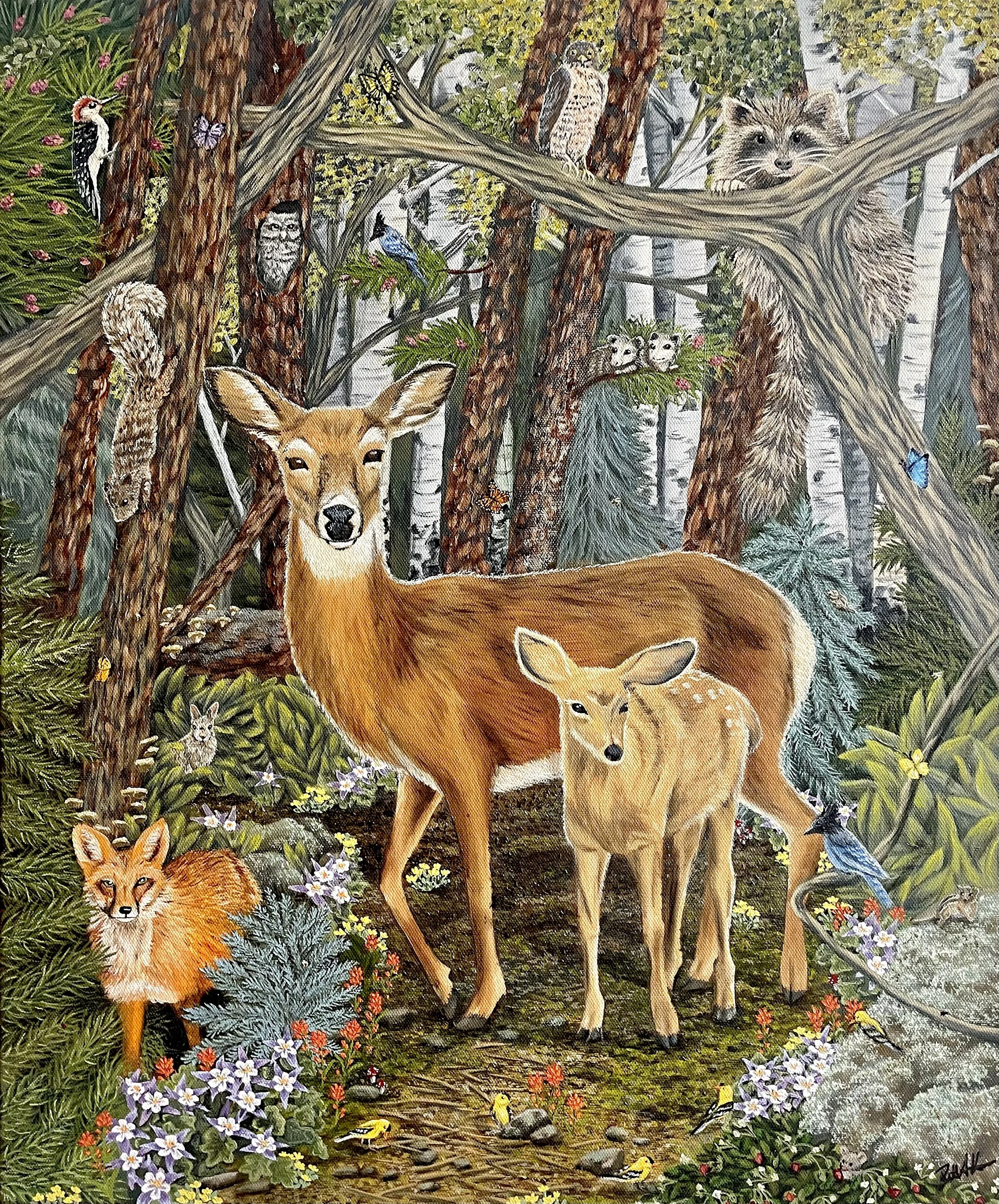 A detailed illustration of a lush, green forest scene with various animals. Central are a fox and two deer, surrounded by a squirrel, a raccoon, two owls, a bluebird, a woodpecker, a butterfly, and numerous small birds. Flowers, bushes, and trees fill the background, creating a vibrant, lively woodland setting.