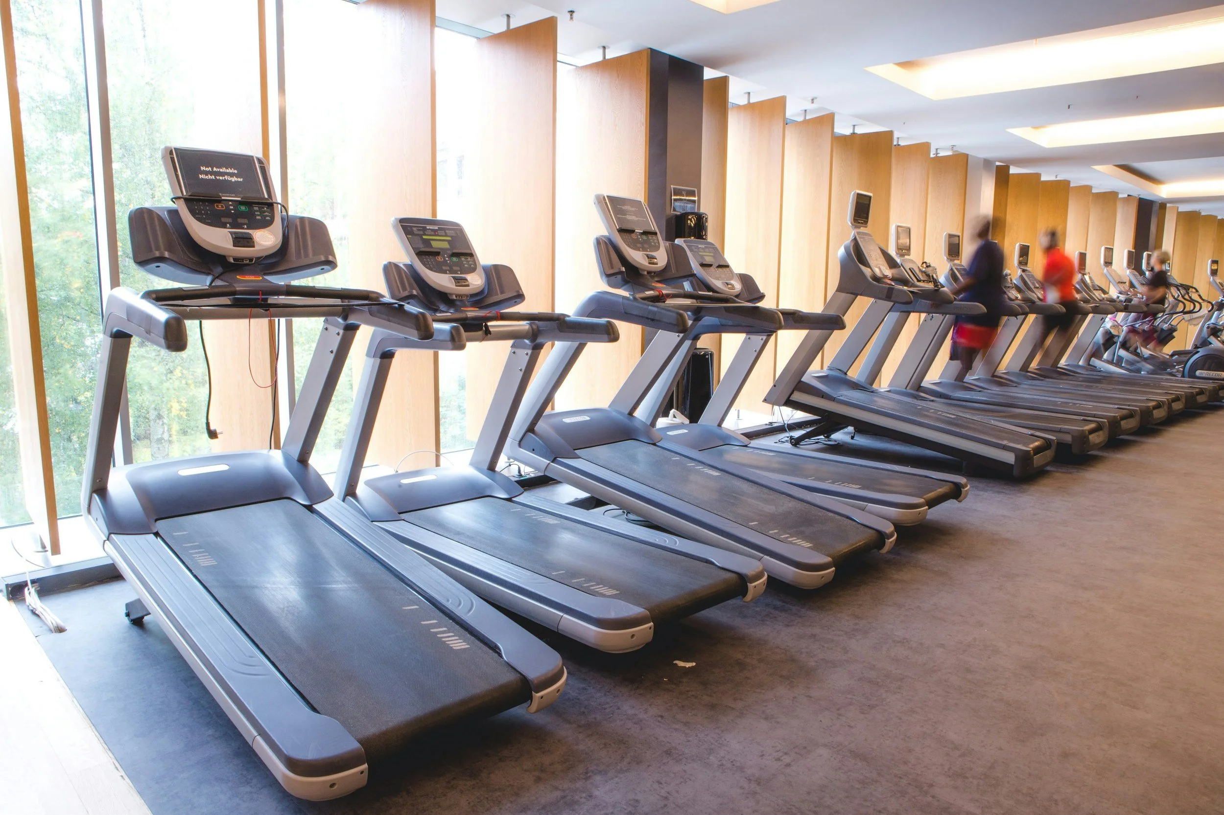 Row of treadmills in a gym near large windows with people working out.