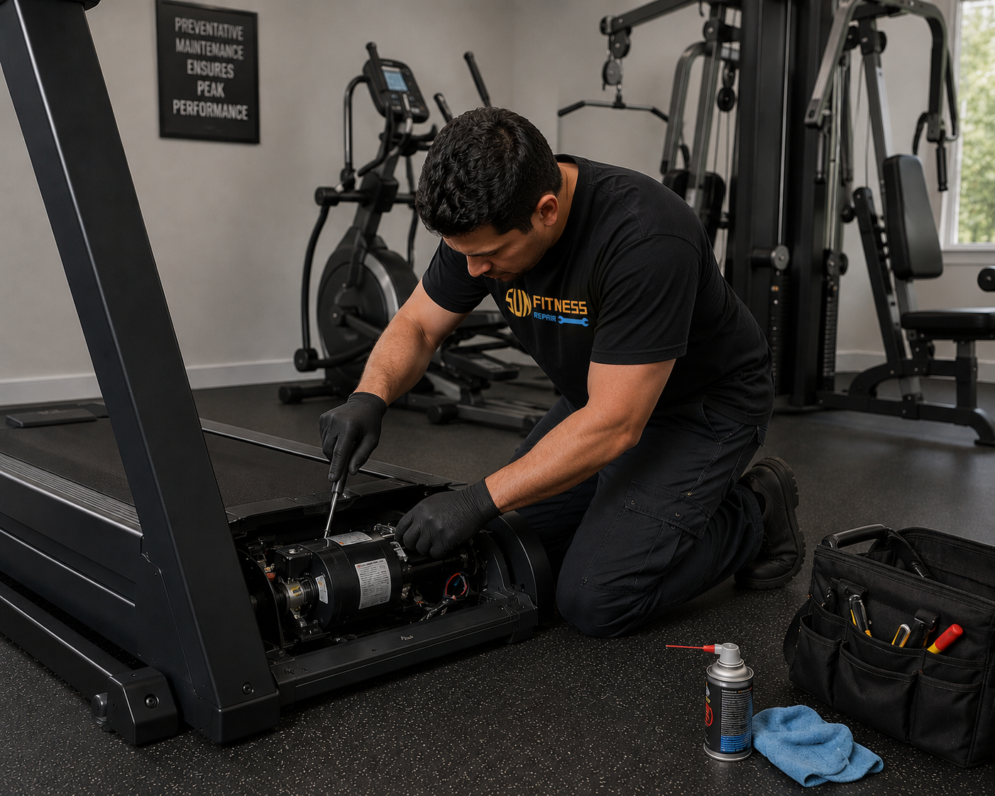 A man wearing black gloves and a black t-shirt with a fitness logo kneels on the floor, repairing a treadmill in a gym. The gym has exercise equipment and a sign on the wall.