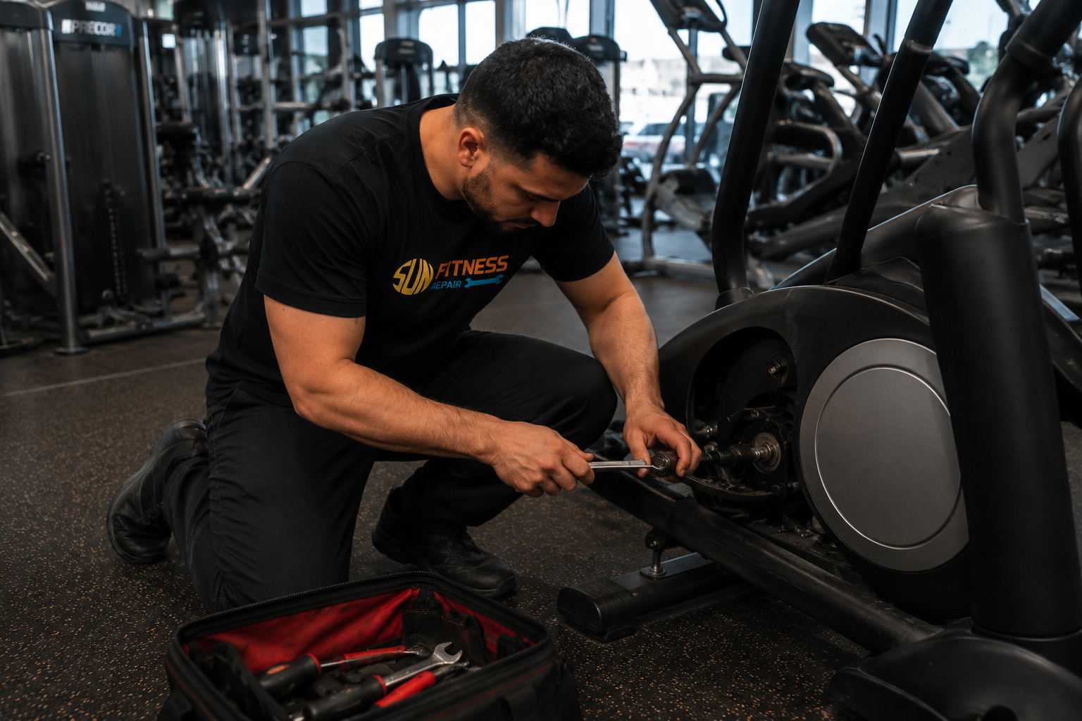 A man working on a treadmill in a gym, using a wrench, with a toolbox nearby.