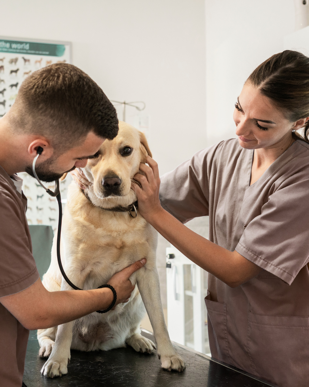 A veterinarian with a stethoscope examines a Labrador retriever dog while a veterinary technician gently holds the dog's head and checks its face in a veterinary clinic.