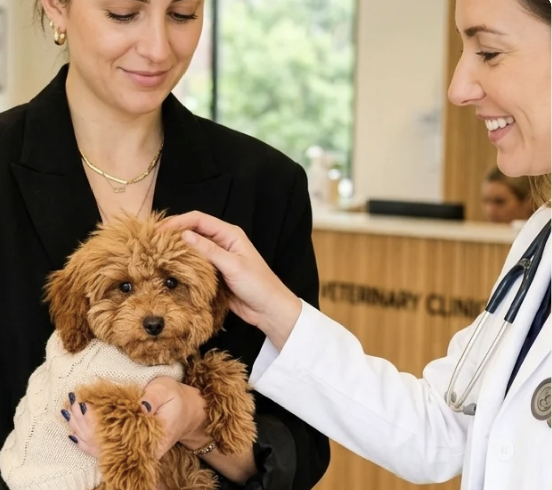 Veterinarian examining a small brown puppy held by a woman in a black blazer.