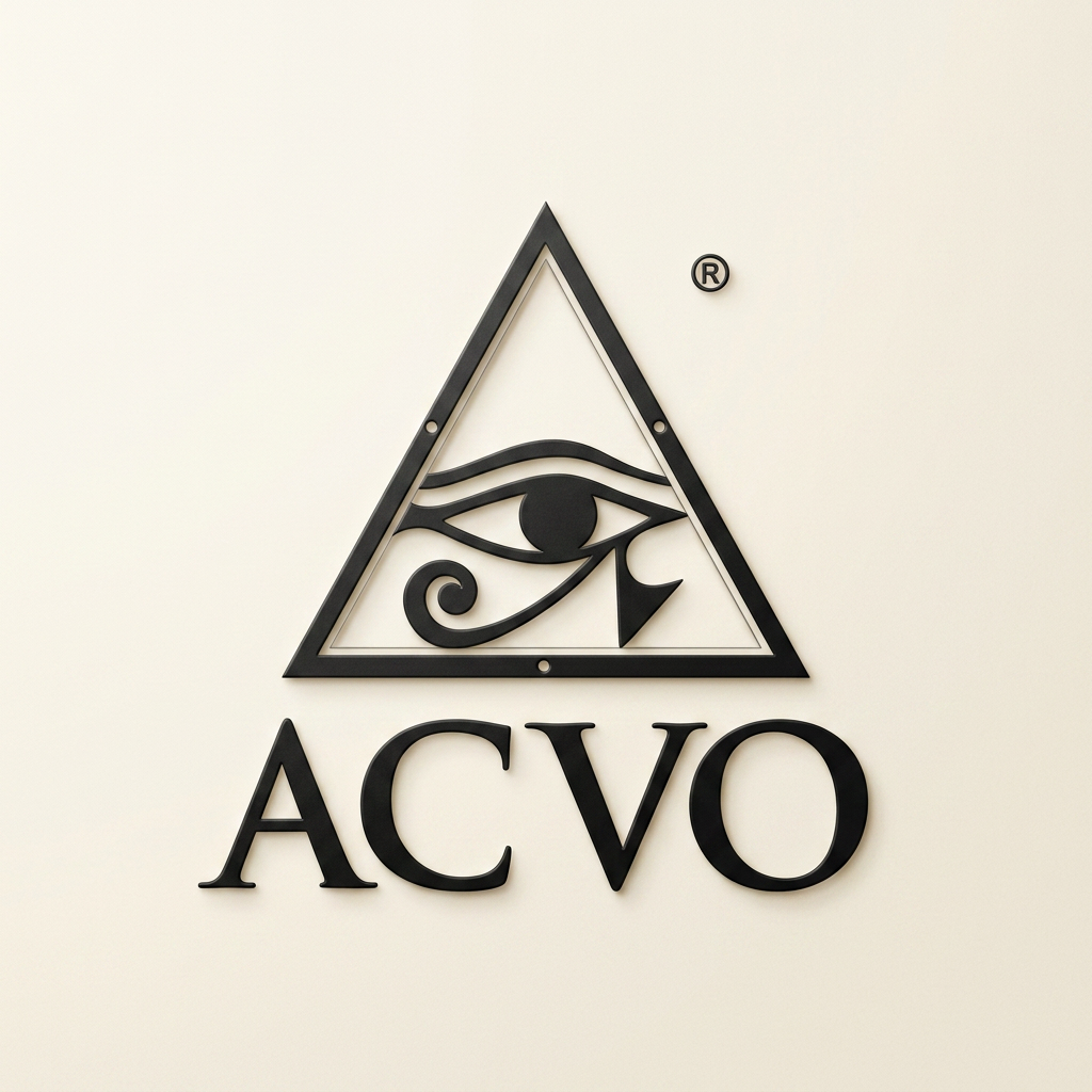 Black logo of an eye inside a triangle with the text 'ACVO' below it, mounted on a white wall.