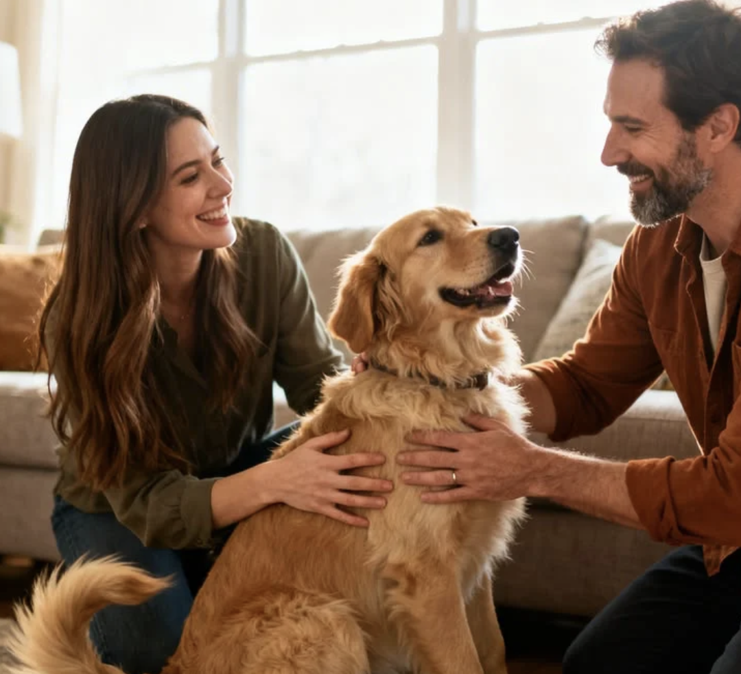 A woman and a man smiling while holding a golden retriever dog indoors near a window.