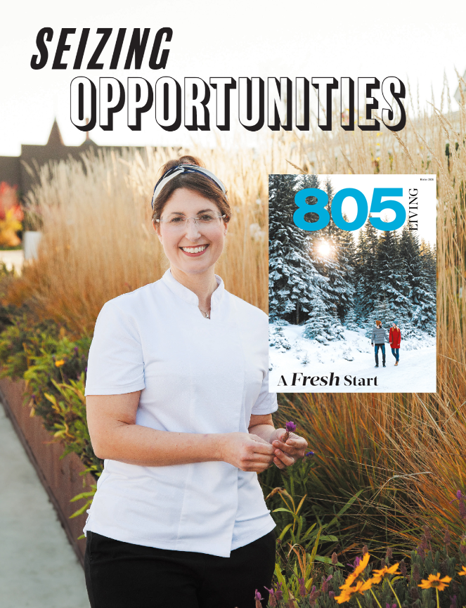 A smiling woman in a white uniform standing outdoors with plants and flowers, next to a magazine with a winter scene and the headline 'Seizing Opportunities' and cover story '805 Living'.