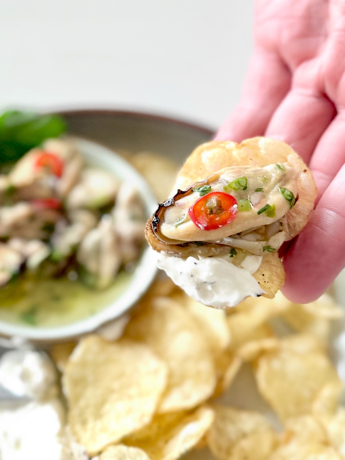 Close-up of a hand holding a taco with sliced red chili pepper, chopped green onion, and melted cheese, with a bowl of more tacos and potato chips in the background.