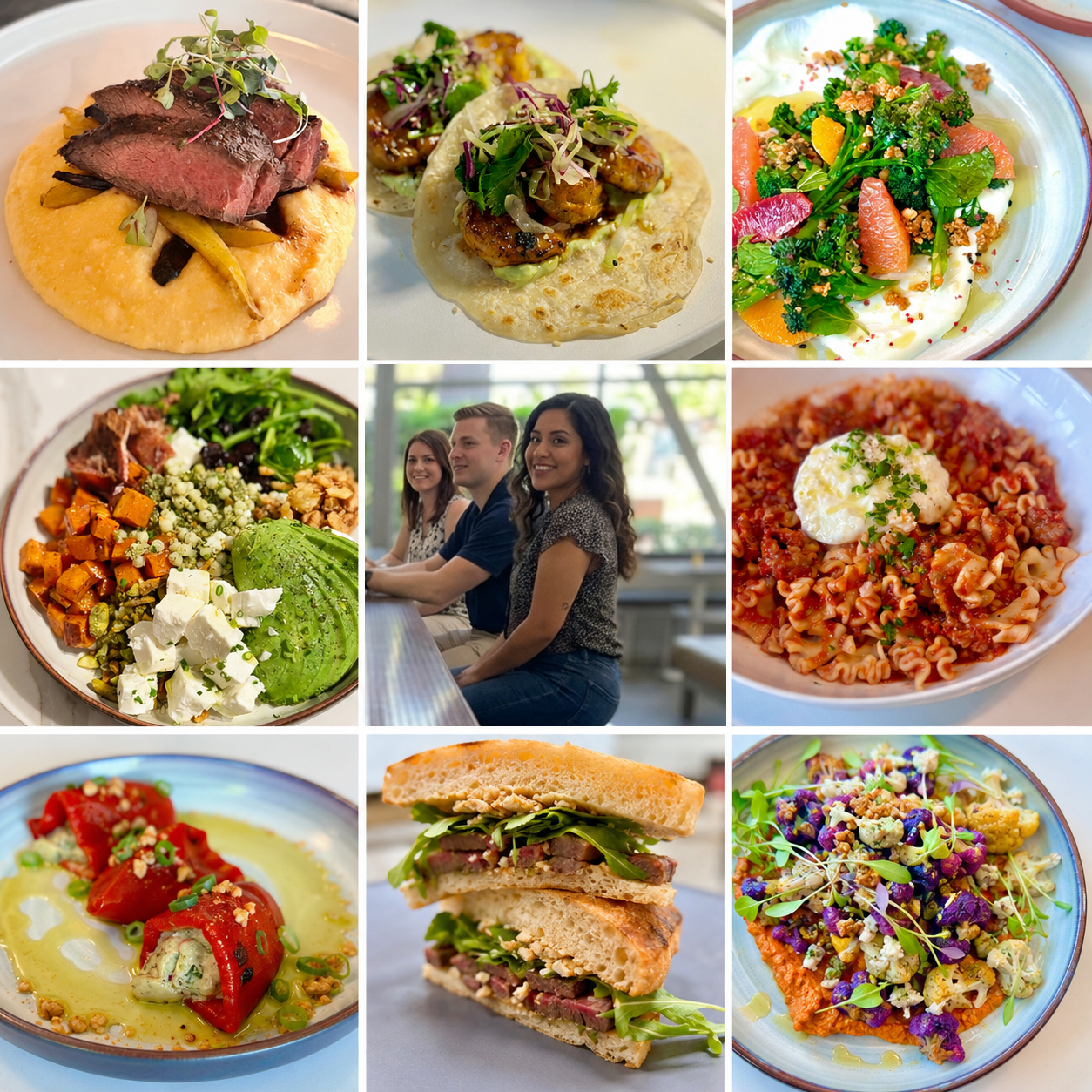 Collage of nine images: Top row shows three dishes with meat and vegetables, middle row shows a group of people and pasta dishes, bottom row displays sandwiches and salads.