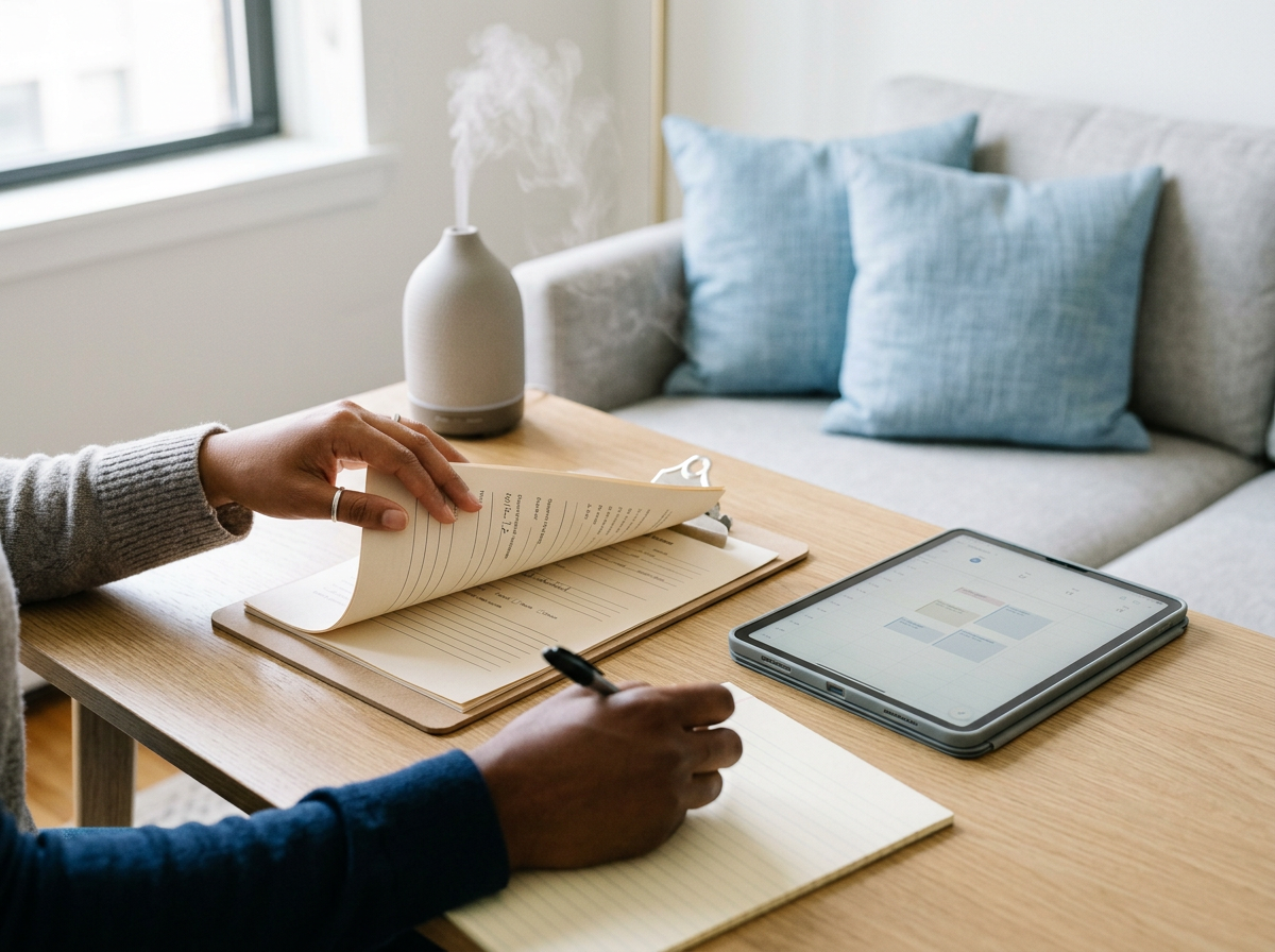 Person organizing papers at a wooden desk in a cozy, well-lit room with a window, a gray sofa with blue pillows, a white diffuser, an electronic device, and a notepad.