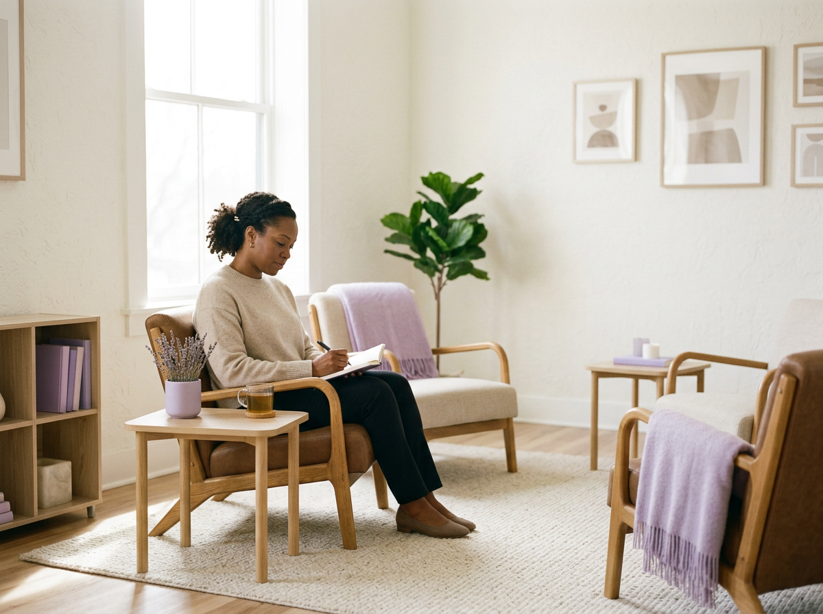 Woman sitting in a cozy living room, writing in a notebook with a cup of tea on a side table, surrounded by modern furniture and framed artwork.