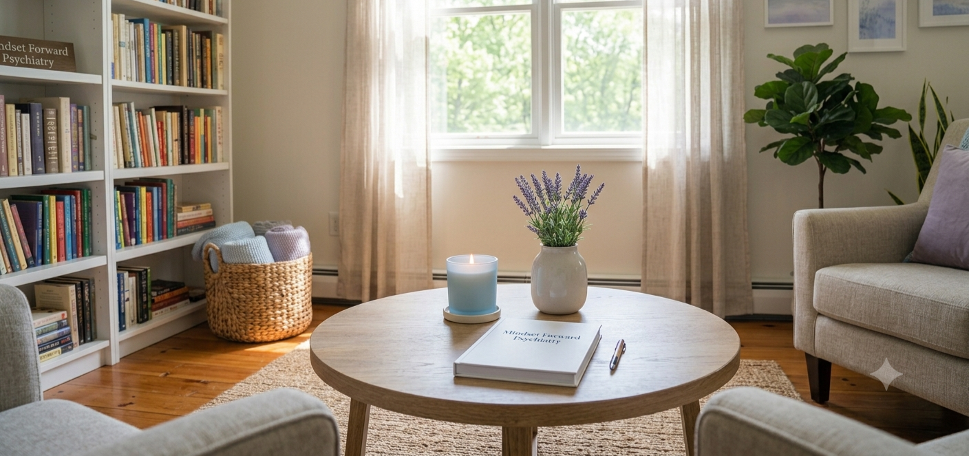 Living room with a round wooden table holding a vase of lavender, a blue candle, a notebook, and a pen. Bookshelves on the left, a large window with beige curtains, a basket with rolled towels, a beige armchair, a book, and a large leafy plant in the background.