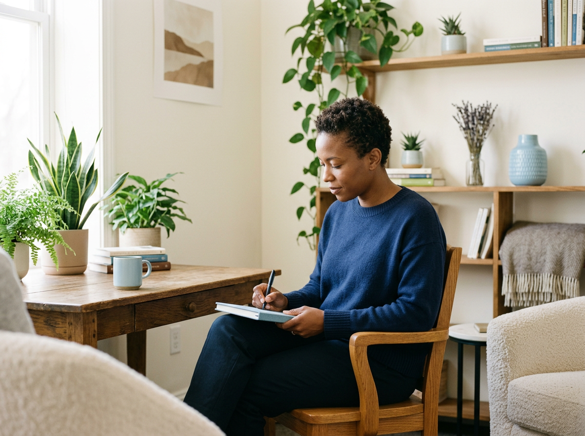 Woman with short curly hair in a blue sweater sitting on a wooden chair, writing in a notebook in a well-decorated living room with plants, books, and decorative items on the shelves.