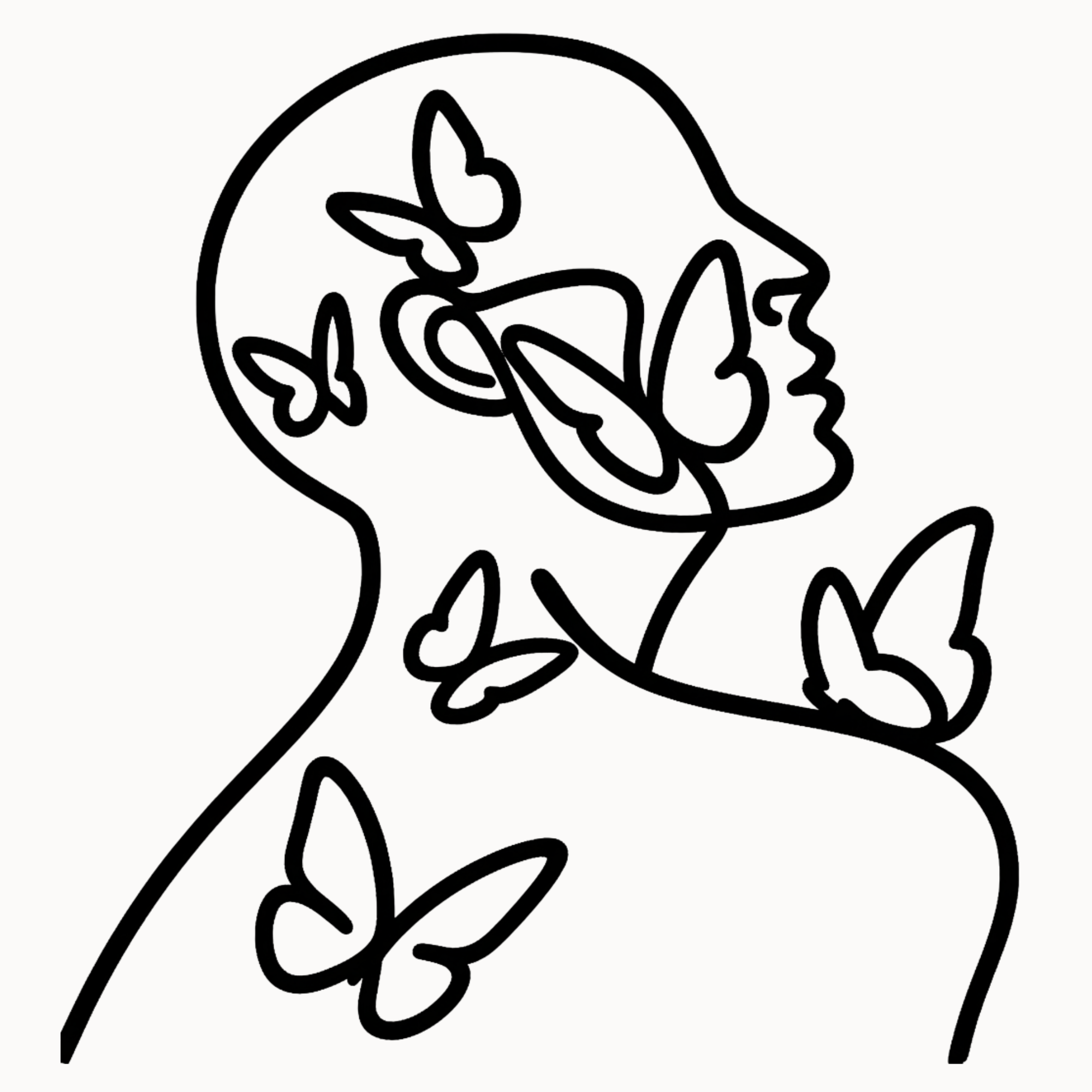 Line drawing of a woman in profile surrounded by line drawings of butterflies.