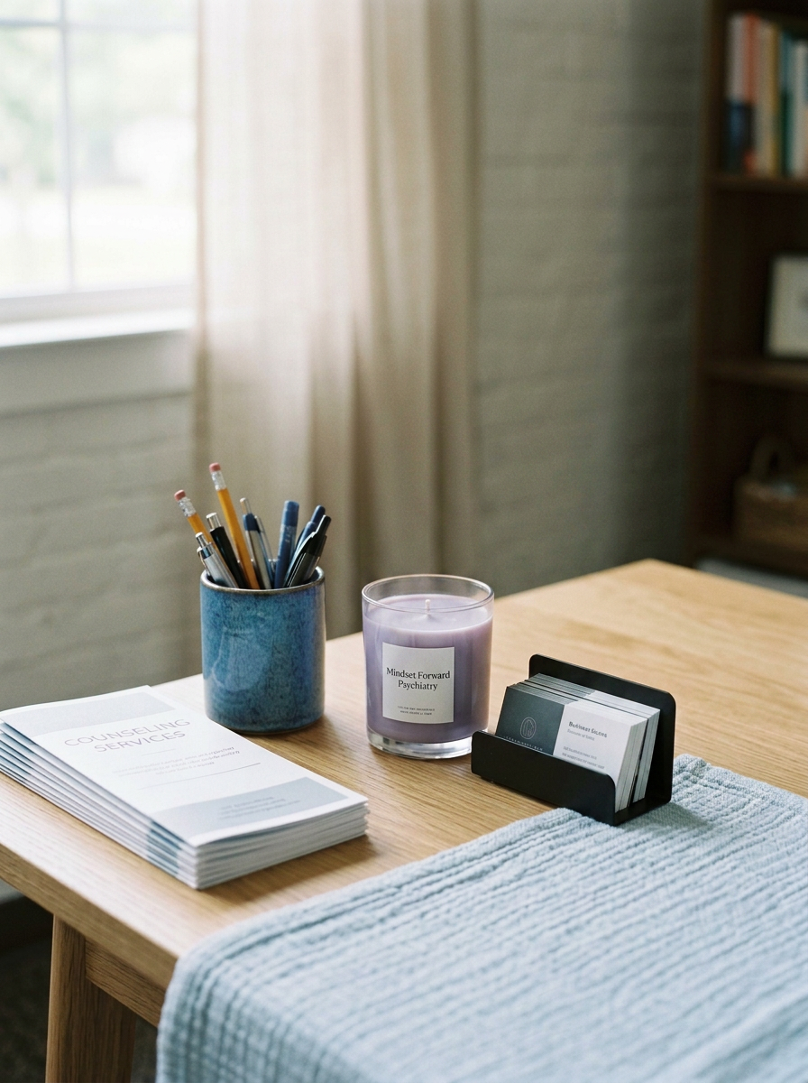 A wooden desk with counseling brochures, a container of pens, a purple candle, and a business card holder, near a window with beige curtains in a therapy or counseling office.